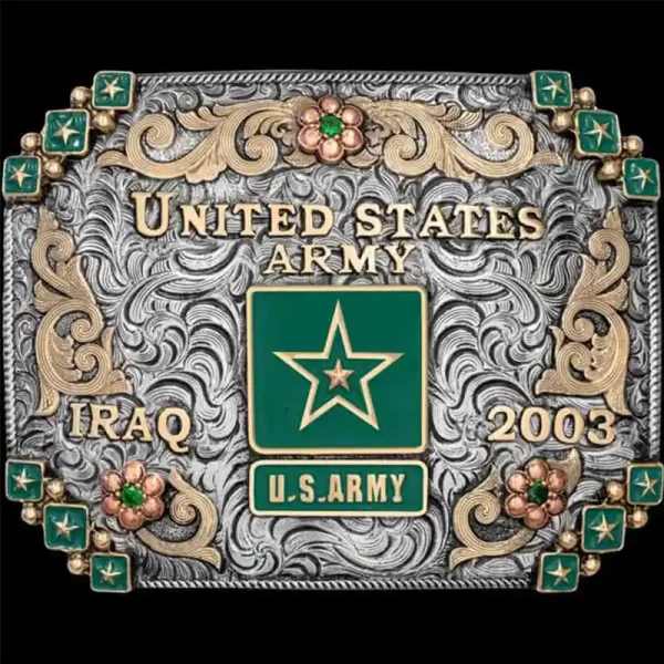 "Our Legion Belt Buckle is handcrafted on a German Silver base with intricate details — from the edge pieces featuring Jeweler's  Bronze stars in boxed beads and a traditional rope edge, to the Jeweler’s Bronze scrolls and lettering. It's completed w